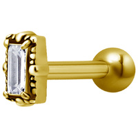 Bright Gold Internally Threaded Antique Jewelled Baguette Micro Barbell : 1.2mm (16ga) x 6mm Clear Crystal image