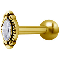 Bright Gold Internally Threaded Antique Jewelled Marquise Micro Barbell : 1.2mm (16ga) x 6mm Clear Crystal image