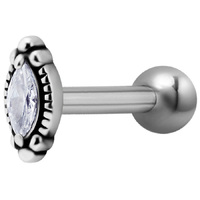 Surgical Steel Internally Threaded Antique Jewelled Marquise Micro Barbell : 1.2mm (16ga) x 6mm Clear Crystal image