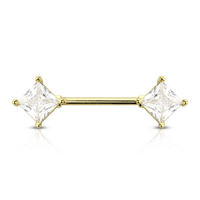 Clear Prong Set Rhombus Jewelled Gold Plated Decorative Fashion Nipple Barbell : 1.6mm (14ga) x 14mm CZ