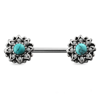 Antique Turquoise Sunburst Silver Plated Decorative Fashion Nipple Barbell image