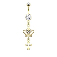 Crown and Cross Jewelled Dangle Gold Plated Fashion Navel : 1.6mm (14ga) x 10mm image