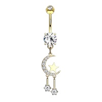 Crescent Moon and Star with Round CZ Dangle Gold Plated Fashion Navel : 1.6mm (14ga) x 10mm image
