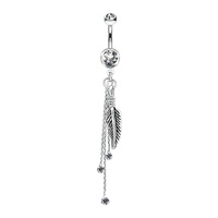 Feather and Jewelled Chain Dangle Plated Fashion Navel : 1.6mm (14ga) x 10mm image