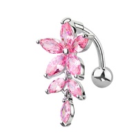 Pink Crystal Flower Vertical Drop Jewelled Dangle Plated Fashion Navel : 1.6mm (14ga) x 10mm image