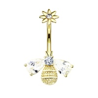 Bee and Flower Internally Threaded Jewelled Gold Plated Fashion Navel : 1.6mm (14ga) x 10mm image