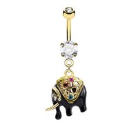 Black Elephant Jewelled Enamel Dangle Gold Plated Fashion Navel : 1.6mm (14ga) x 10mm image