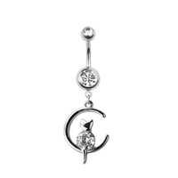 Moon and Cat Jewelled Dangle Gold Plated Fashion Navel : 1.6mm (14ga) x 10mm image
