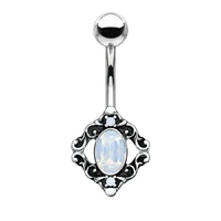 Filigree White Water Opal Vintage Silver Burnished Plated Fashion Navel : 1.6mm (14ga) x 10mm image
