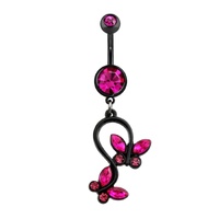 Pink Double Gem Butterfly Dangle Black Plated Fashion Navel : 1.6mm (14ga) x 10mm image