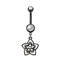 Double Swirl Jewelled Flower Dangle Black Plated Fashion Navel : 1.6mm (14ga) x 10mm image