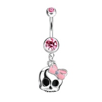 Cute Skull with Pink Enamel Bow Dangle Plated Fashion Navel : 1.6mm (14ga) x 10mm image