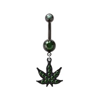 Green Jewelled Marijuana Pot Leaf Dangle Black Plated Fashion Navel : 1.6mm (14ga) x 10mm image