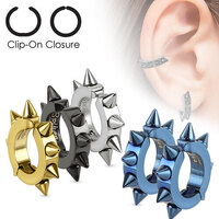 Pair of Oval Hoop IP Non Piercing Ear Cuff Clip On Earrings with Spikes image