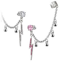 Stud Earring with Chain & Balls with Clear CZ Thunder Bolt Non-Piercing Cuff image