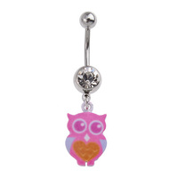 Pink Owl Charm Fashion Navel : 1.6mm (14ga) x 10mm x Clear Crystal image