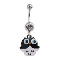 Black and White Owl Charm Fashion Navel : 1.6mm (14ga) x 10mm x Clear Crystal image