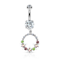 AB Crystal Flowers and Multi Coloured Gems Set Circle Dangle Double Jewelled Navel  image
