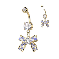 Double CZ Navel With Checkered Ribbon Dangle  image