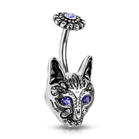 Tribal Cat with Blue Crystal Eyes and Blue Crystal Center Flower Top Navel image