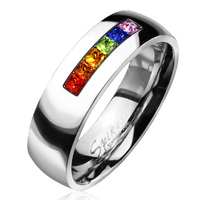Centered String of Rainbow Color Gems Band Ring Stainless Steel  image