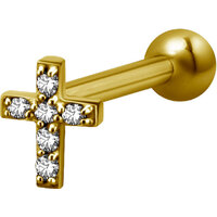 Bright Gold Decorative Jewelled Cross Micro Barbell : 1.2mm (16ga) x 6mm Clear Crystal image