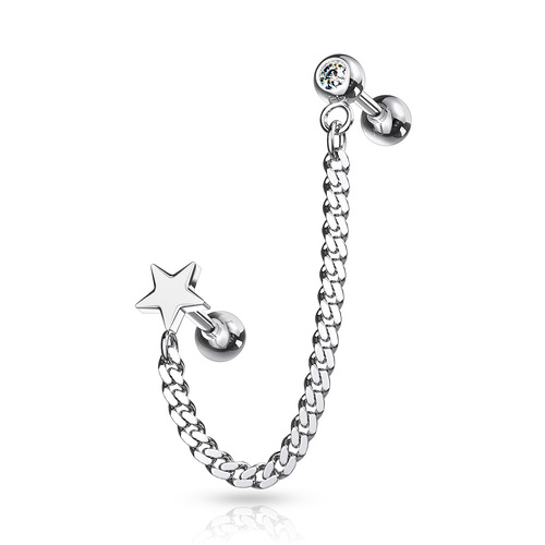  Steel Jewelled Barbell with Chain Linked Star Symbol