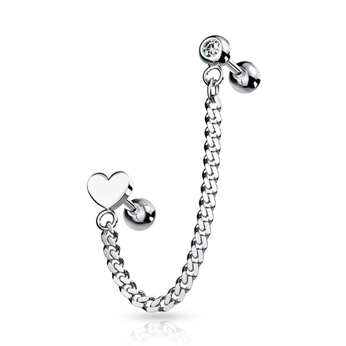  Steel Jewelled Barbell with Chain Linked Heart Symbol
