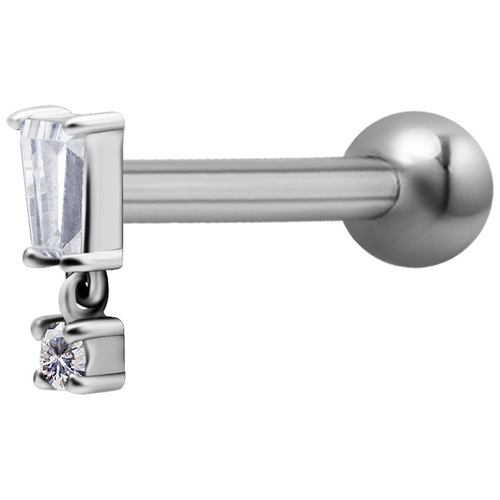  Surgical Steel Internally Threaded Jewelled Baguette Charm Micro Barbell : 1.2mm (16ga) x 6mm Clear Crystal