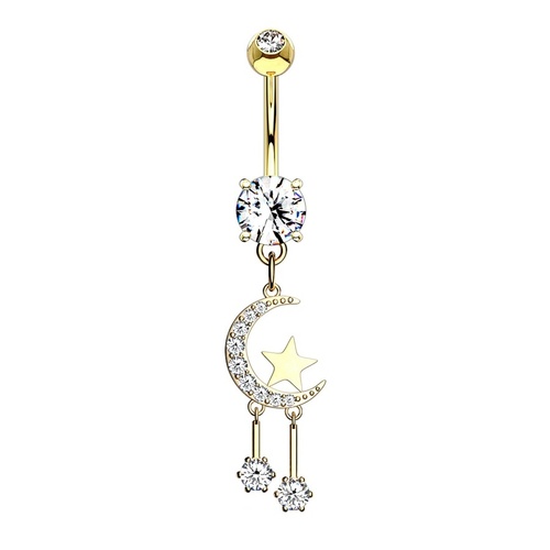  Crescent Moon and Star with Round CZ Dangle Gold Plated Fashion Navel : 1.6mm (14ga) x 10mm