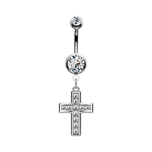  Cross Micro Jewelled Dangle Plated Fashion Navel : 1.6mm (14ga) x 10mm