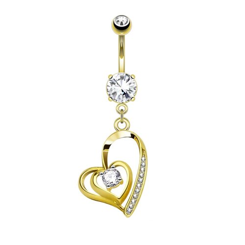  Double Heart Micro Jewelled Dangle Gold Plated Fashion Navel : 1.6mm (14ga) x 10mm