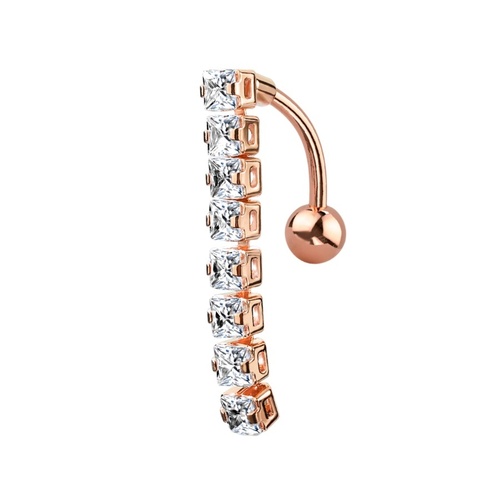  Square Vertical Drop Jewelled Dangle Rose Gold Plated Fashion Navel : 1.6mm (14ga) x 10mm