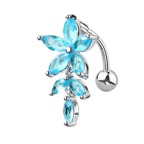  Blue Crystal Flower Vertical Drop Jewelled Dangle Plated Fashion Navel : 1.6mm (14ga) x 10mm