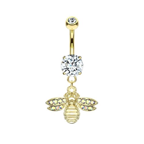 Paved Gem Bee Dangle Gold Plated Fashion Navel : 1.6mm (14ga) x 10mm
