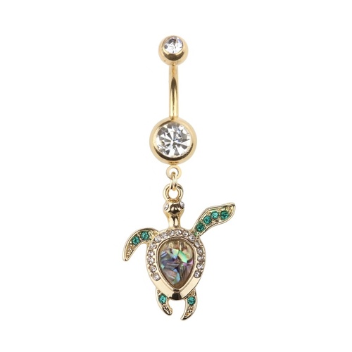  Sea Turtle Mother of Pearl Jewelled Dangle Gold Plated Fashion Navel : 1.6mm (14ga) x 10mm