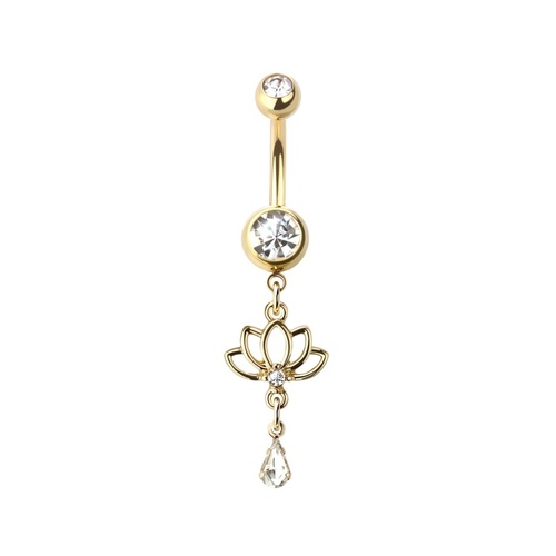  Hanging Lotus Jewelled Dangle Gold Plated Fashion Navel : 1.6mm (14ga) x 10mm
