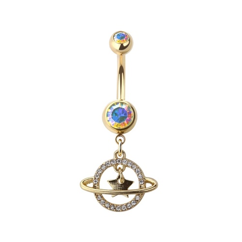  Saturn and Star Jewelled Dangle Gold Plated Fashion Navel : 1.6mm (14ga) x 10mm