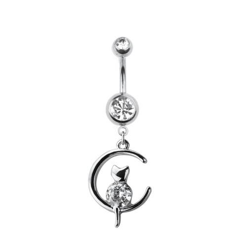  Moon and Cat Jewelled Dangle Gold Plated Fashion Navel : 1.6mm (14ga) x 10mm