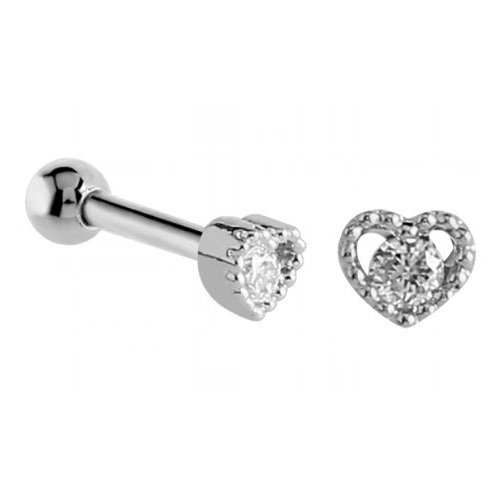  Surgical Steel Jewelled Heart Tragus Micro Barbell : 1.2mm (16ga) x 6mm