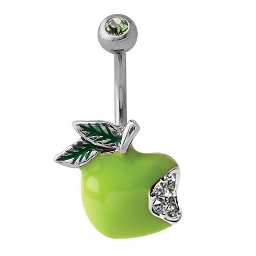  Green Enamel Apple Jewelled Fashion Navel : 1.6mm (14ga) x 10mm