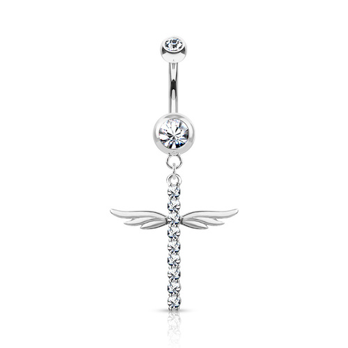  CZ Paved Cross with Wings Dangle Double Jewelled Navel