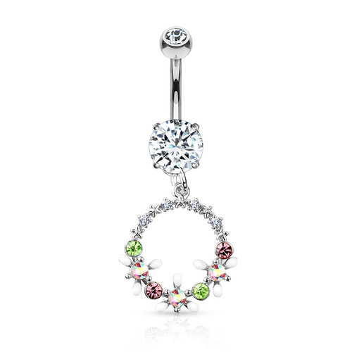  AB Crystal Flowers and Multi Coloured Gems Set Circle Dangle Double Jewelled Navel 