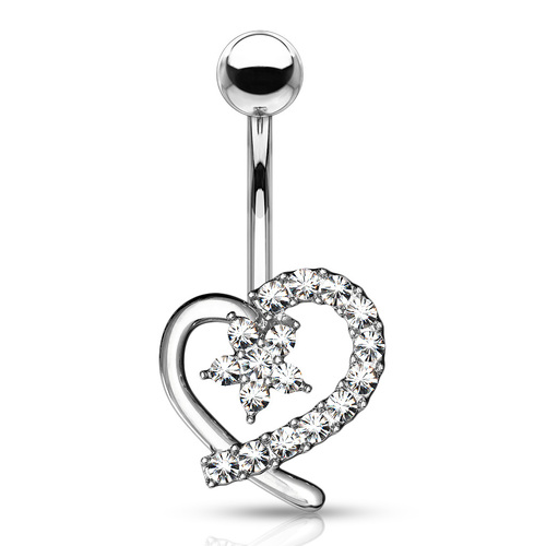  Jewelled Hollow Heart with CZ Flower Center Navel