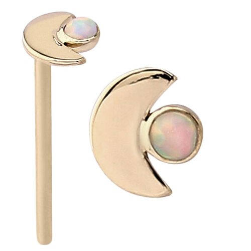  14k Gold Straight Opal Set Moon Nose Stud : 18g (1.0mm) x 15mm