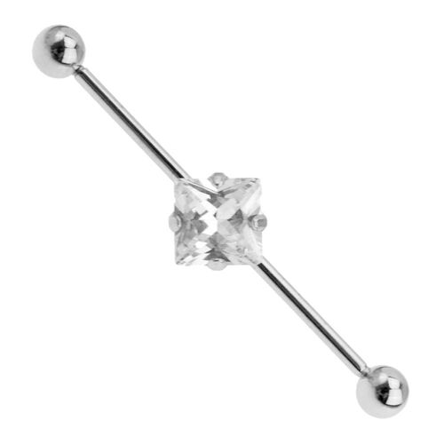  Prong Set Square Gem Industrial Barbell : 1.6mm (14ga) x 38mm x Clear Crystal
