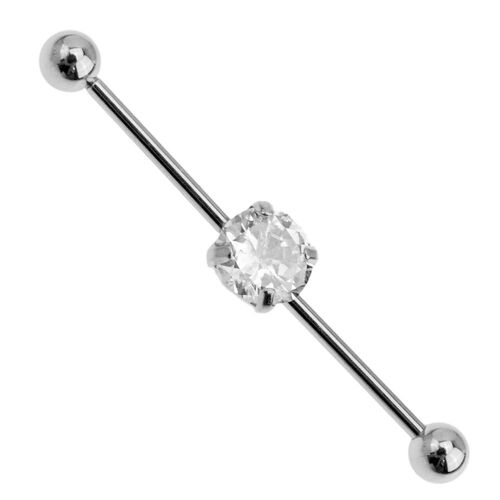  Prong Set Round Gem Industrial Barbell : 1.6mm (14ga) x 38mm x Clear Crystal