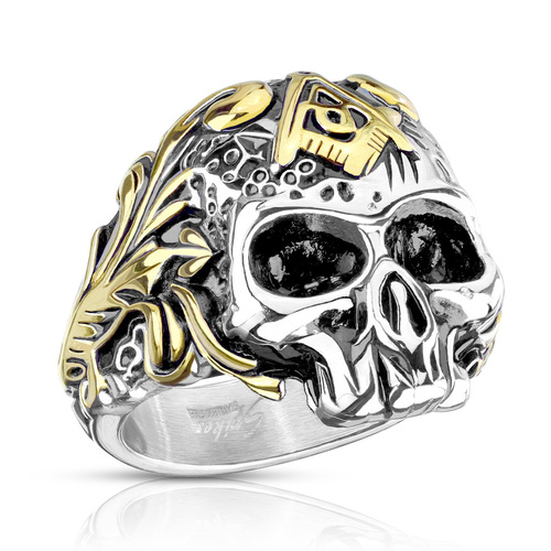  Two Tone Skull with Masonic Emblem Stainless Steel Ring