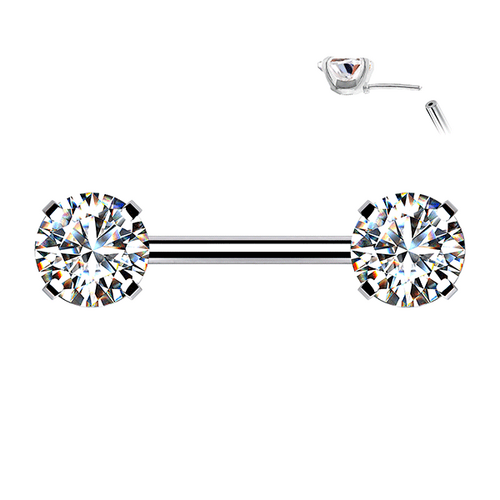  Threadless Round Gem Prong Set Silver Plated Decorative Nipple Bar