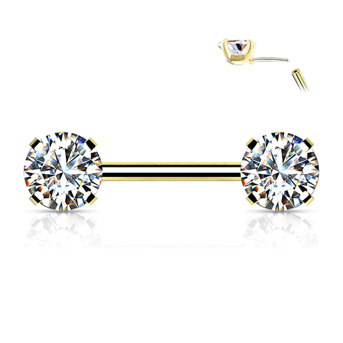  Threadless Round Gem Prong Set Gold Plated Decorative Nipple Bar